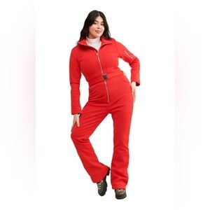 Slope Siren Red And White Stretch Water Resistant Fleece Lined Ski Jumpsuit 2XL